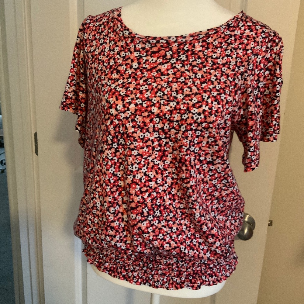 Michael Kors Women’s Elastic Waist Top, Short Sleeves, Size M Floral Print